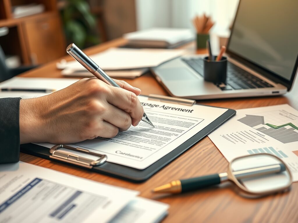 На столе находится договор ипотеки, человек подписывает документы, рядом ноутбук и графики.
